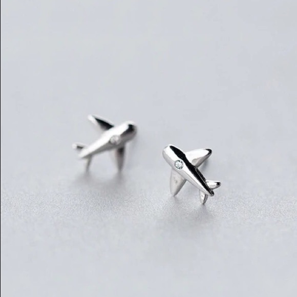 925 Sterling Silver Airplane Stud Earrings - Picture 2 of 7